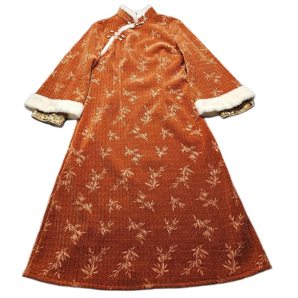 Women Cheongsam Qipao Dress XXL Brown Velvet Bamboo Print Faux Fur Trim Back Zip